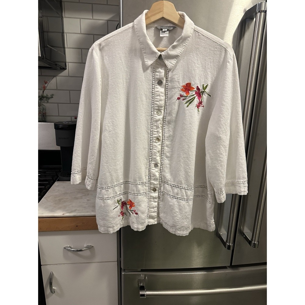 Stonebridge Summer Linen Blend Light Schacket White Floral Embroidery Crochet